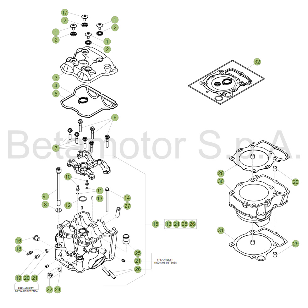 Beta RR390 17 Zylinder/Zylinderkopf/Ventiltrieb 1 Ersatzteile